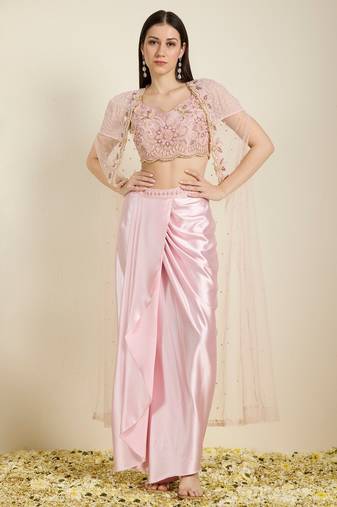 Rose Pink embroidered satin cape set