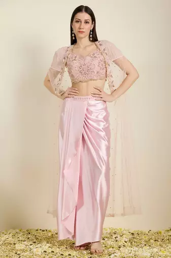 Rose Pink embroidered satin cape set
