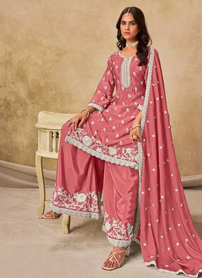 Embroidered pink chinon silk blend palazzo suit 2