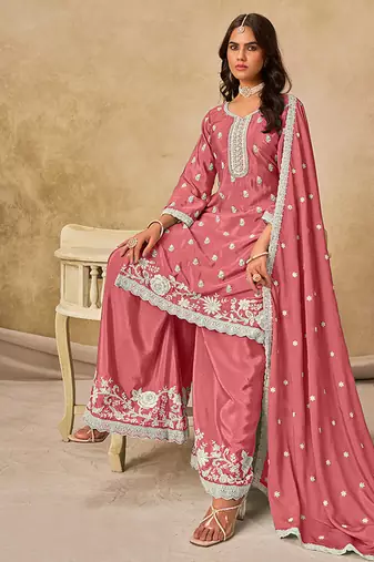 Embroidered pink chinon silk blend palazzo suit