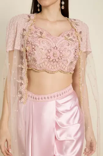 Rose Pink embroidered satin cape set