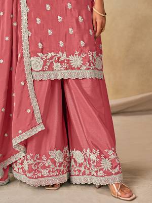 Embroidered pink chinon silk blend palazzo suit 3