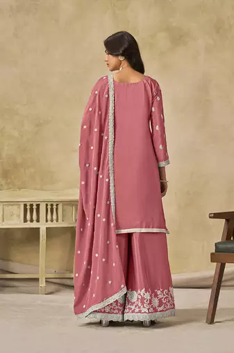 Embroidered pink chinon silk blend palazzo suit
