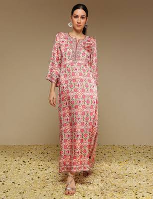 Pink printed satin long kurta 1