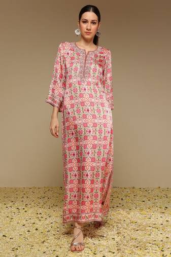 Pink printed satin long kurta