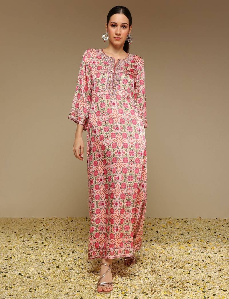 Pink printed satin long kurta