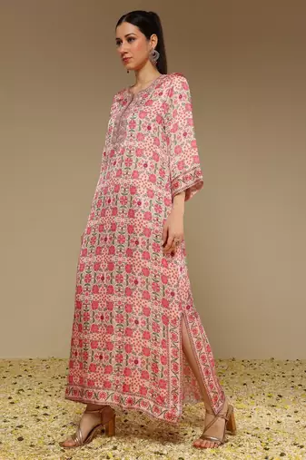 Pink printed satin long kurta