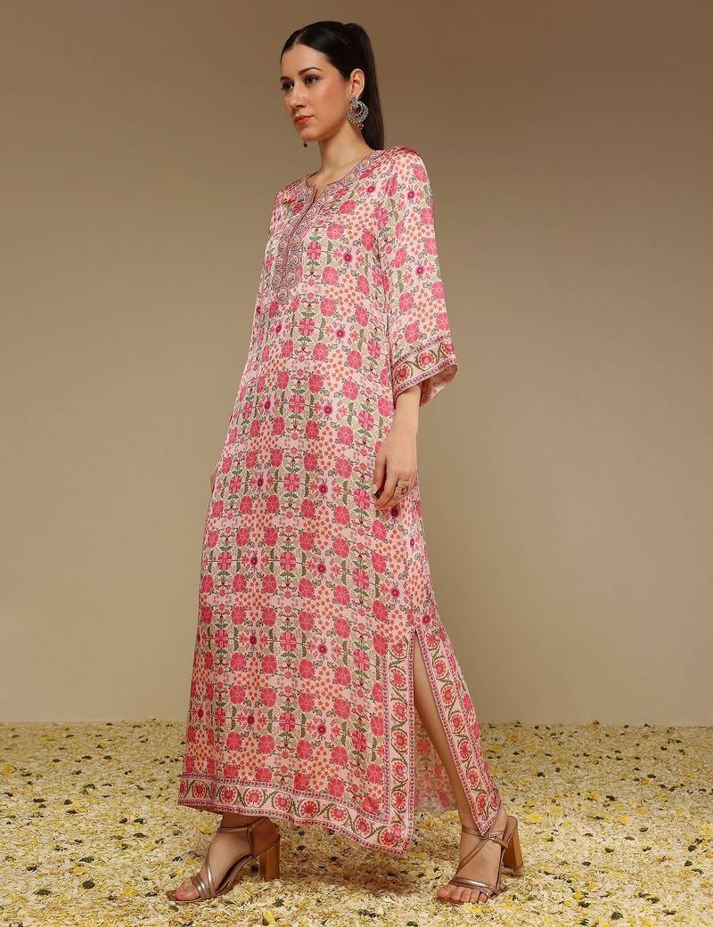 Pink printed satin long kurta