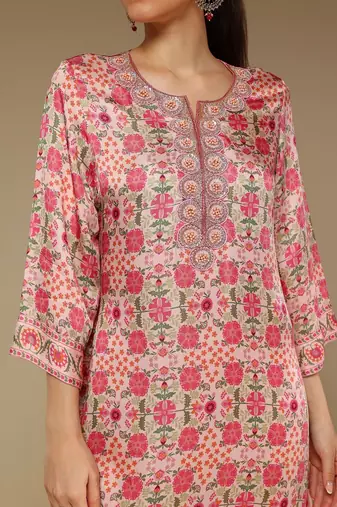 Pink printed satin long kurta