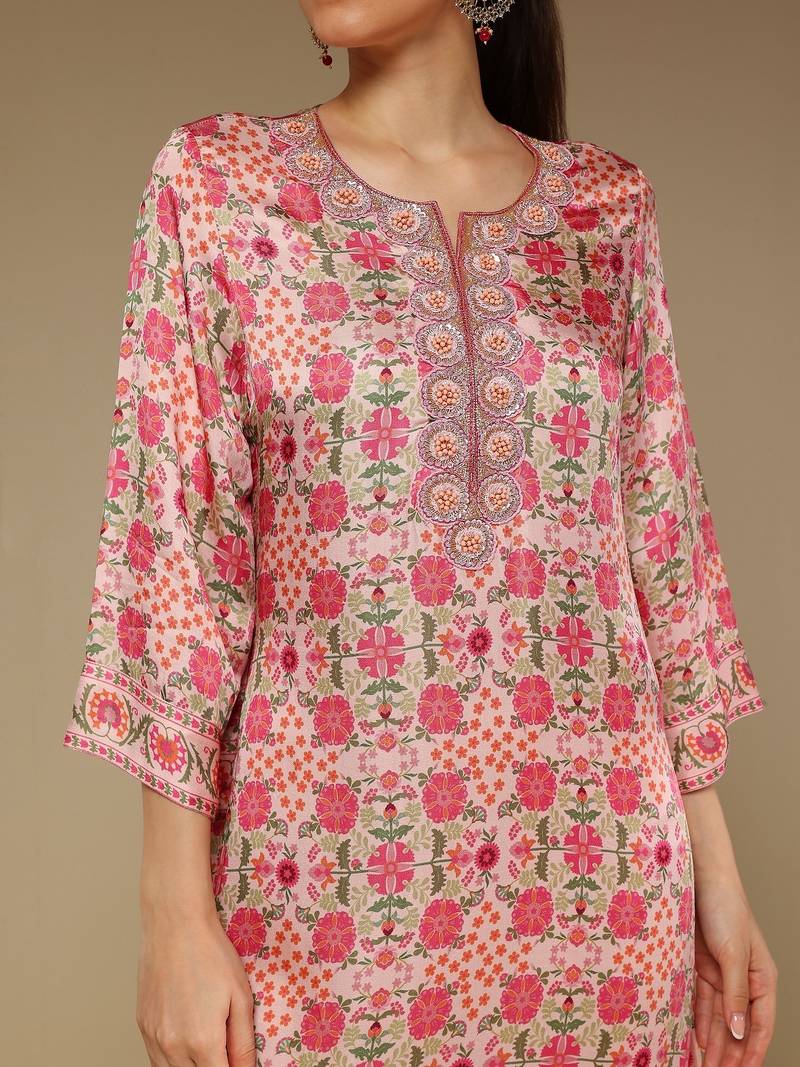 Pink printed satin long kurta