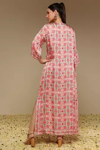 Pink printed satin long kurta