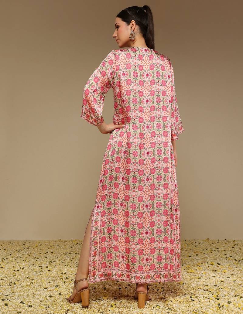 Pink printed satin long kurta