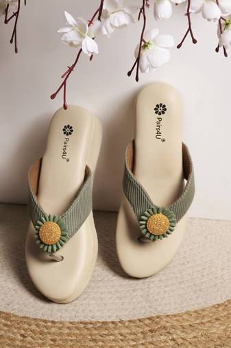women textured open toe platform wedges heels | ethnic canvas slip-on | green heels for parties & weddings