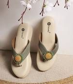 women textured open toe platform wedges heels | ethnic canvas slip-on | green heels for parties & weddings