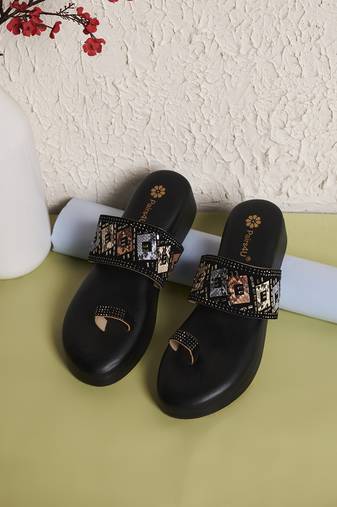 women textured open toe platform wedges heels | slip-on wedges for ethnic wear | black platform heels