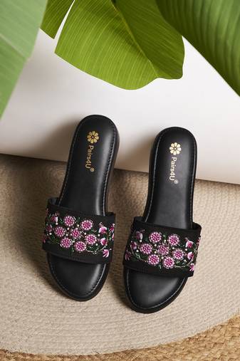 women embellished party platform sandals | upper black wedges | slip-on ethnic footwear for celebrations