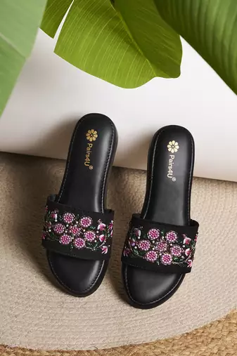 women embellished party platform sandals | upper black wedges | slip-on ethnic footwear for celebrations