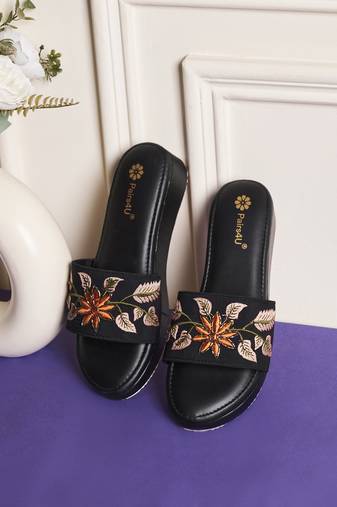 women embellished party platform sandals | wedges | slip-on for ethnic wear | black