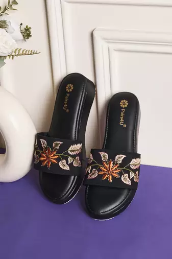 women embellished party platform sandals | wedges | slip-on for ethnic wear | black