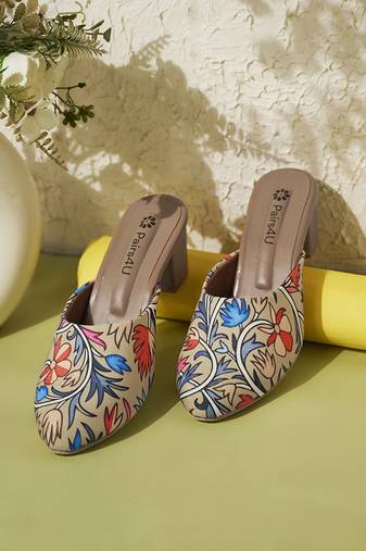 women printed ethnic block sandals | slip-on sandal for ethnic wear | mustard block heel footwear