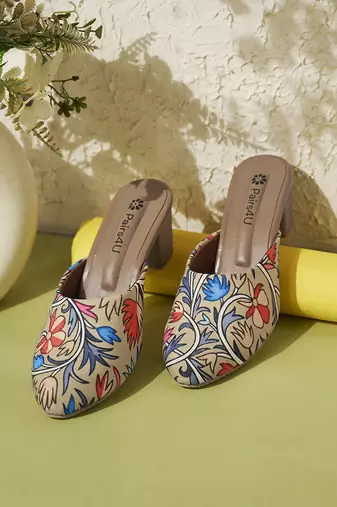 women printed ethnic block sandals | slip-on sandal for ethnic wear | mustard block heel footwear
