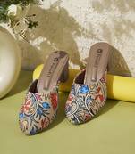women printed ethnic block sandals | slip-on sandal for ethnic wear | mustard block heel footwear