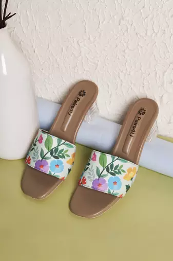 women printed open toe block mules heels | slip-on sandals | ethnic wear | multi-color stylish footwear