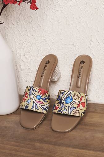 women printed open toe block mules heels | yellow slip-on sandals | ethnic wear footwear