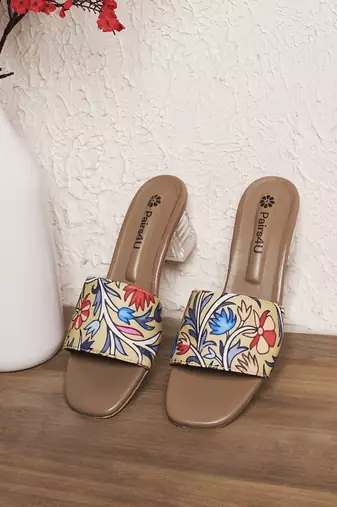 women printed open toe block mules heels | yellow slip-on sandals | ethnic wear footwear