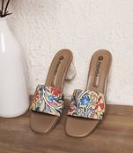 women printed open toe block mules heels | yellow slip-on sandals | ethnic wear footwear