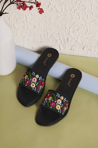 women's textured open toe flats multi canvas embroidered slip-on ethnic wear for women