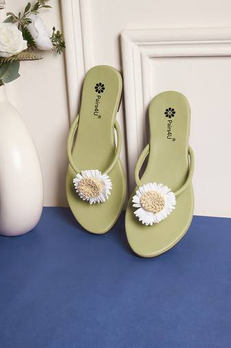women's textured open toe flats ethnic embroidered canvas slip-on comfortable sole in green