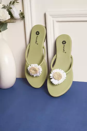 women's textured open toe flats ethnic embroidered canvas slip-on comfortable sole in green