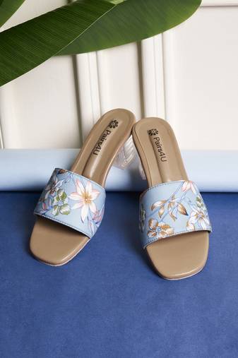 women printed open toe block mules heels | ethnic slip-on sandals for women | sky blue comfort footwear