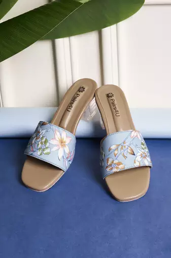 women printed open toe block mules heels | ethnic slip-on sandals for women | sky blue comfort footwear