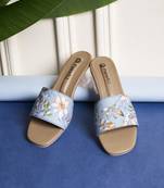 women printed open toe block mules heels | ethnic slip-on sandals for women | sky blue comfort footwear