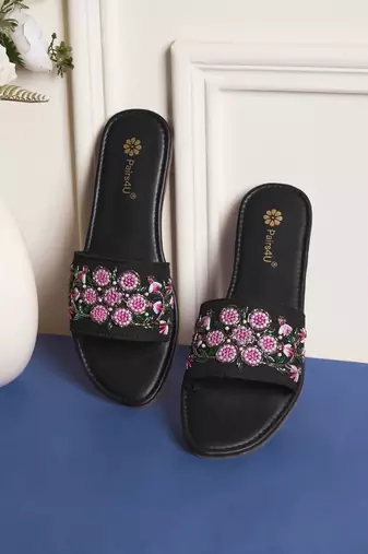 women's black textured open toe flats ethnic embroidered canvas comfortable slip-on for women