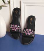 women's black textured open toe flats ethnic embroidered canvas comfortable slip-on for women