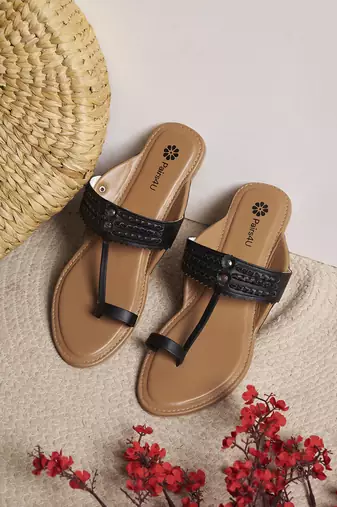 women's textured open toe flats black canvas embroidered slip-on comfortable ethnic wear