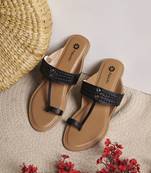 women's textured open toe flats black canvas embroidered slip-on comfortable ethnic wear