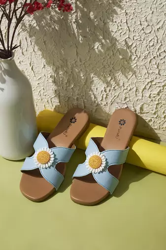 women's textured open toe flats sky blue embroidered canvas slip-on ethnic wear for women