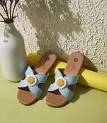 women's textured open toe flats sky blue embroidered canvas slip-on ethnic wear for women