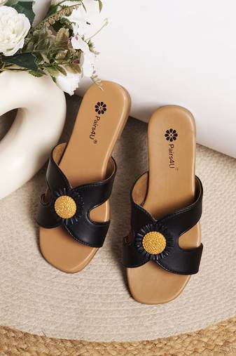 women's textured open toe flats embroidered canvas slip-on ethnic wear comfortable black for women