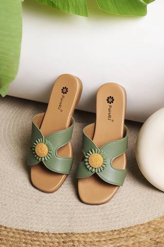 women's textured open toe flats ethnic embroidered canvas slip-on comfortable sole green