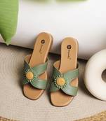 women's textured open toe flats ethnic embroidered canvas slip-on comfortable sole green