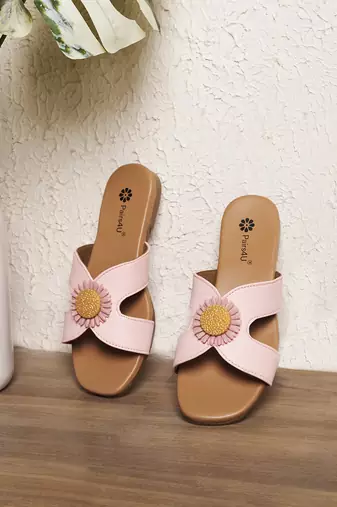 women's textured open toe flats ethnic embroidered canvas slip-on comfortable light pink sole for women