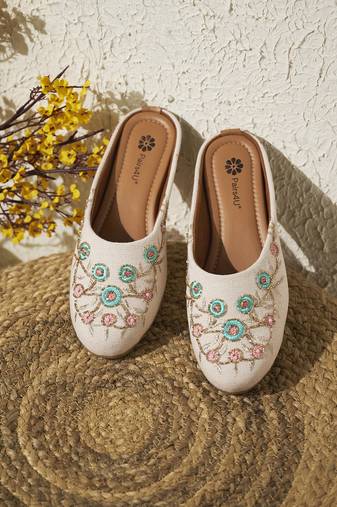 women's cream ethnic embroidered slip-on mojari mules | traditional juttis for casual & festive wear