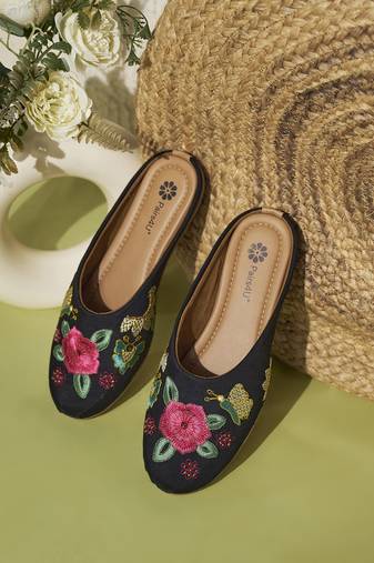 women's black ethnic embroidered slip-on mojari mules | traditional juttis for casual & festive wear