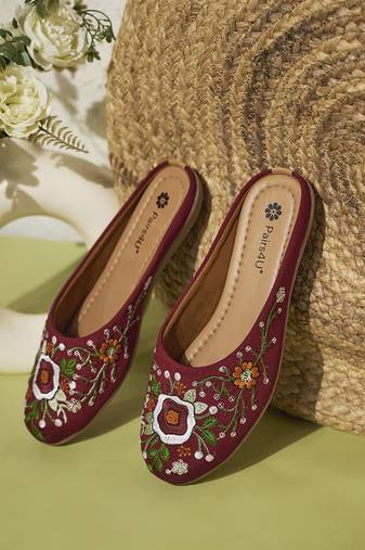 women's maroon ethnic embroidered slip-on mojari mules | traditional juttis for casual & festive wear