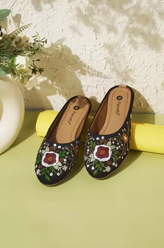 women's black ethnic embroidered slip-on mojari mules | traditional juttis for casual & festive wear